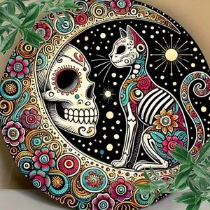 NWT Day of the Dead Sugar Skull, Cat in a Crescent Moon Tin Sign!